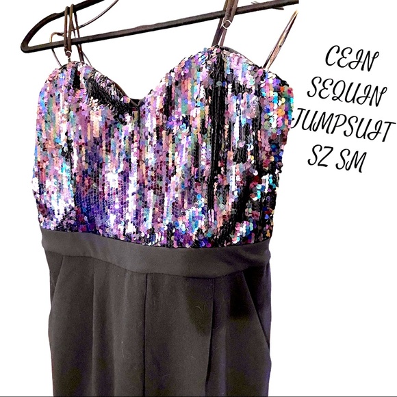 SEQUIN TOP JUMPSUIT SZ SM SILKY WITH SPAGHETTI STRAPS ZIP UP BACK Good Stretch - Picture 3 of 12
